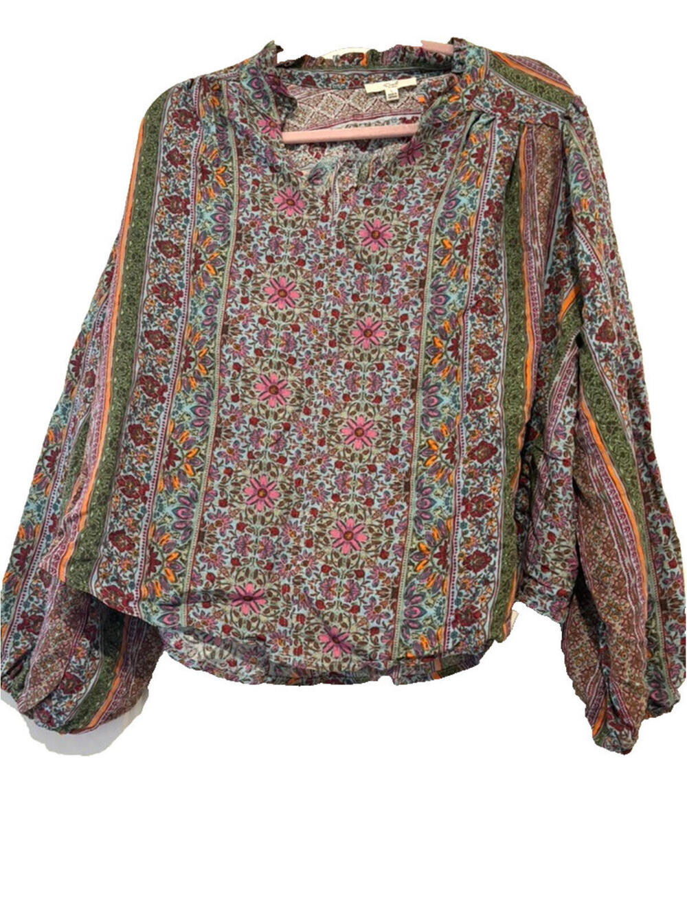 Easel sz L floral boho peasant ruffle high neck balloon sleeveโ blouse CC